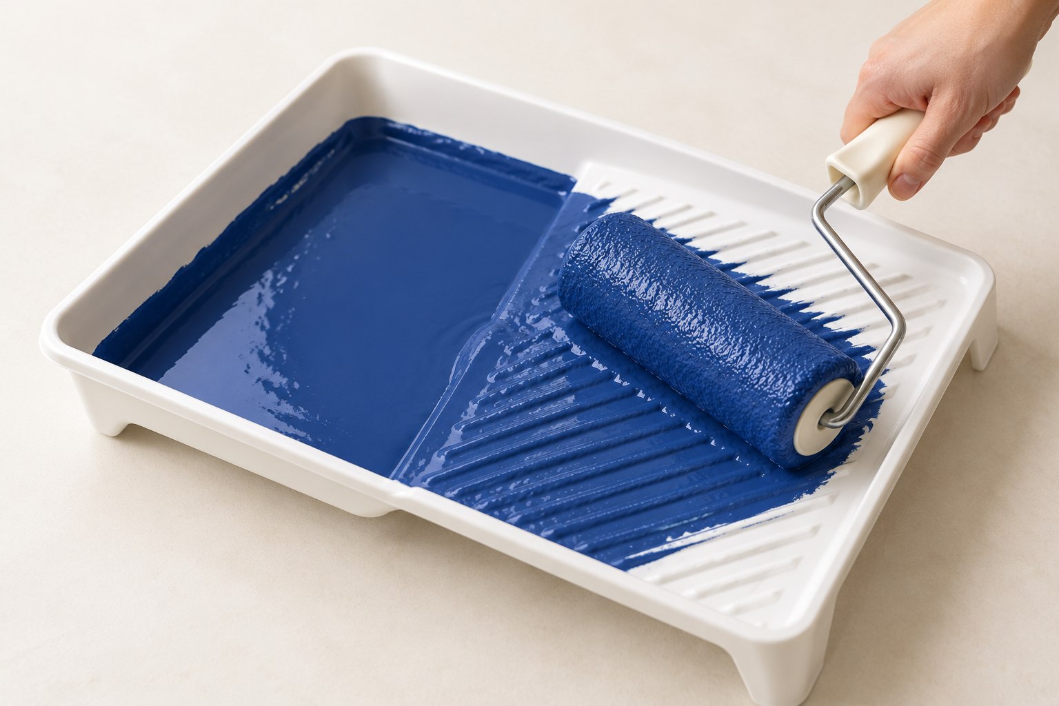 Roller mengambil cat biru dari baki cat