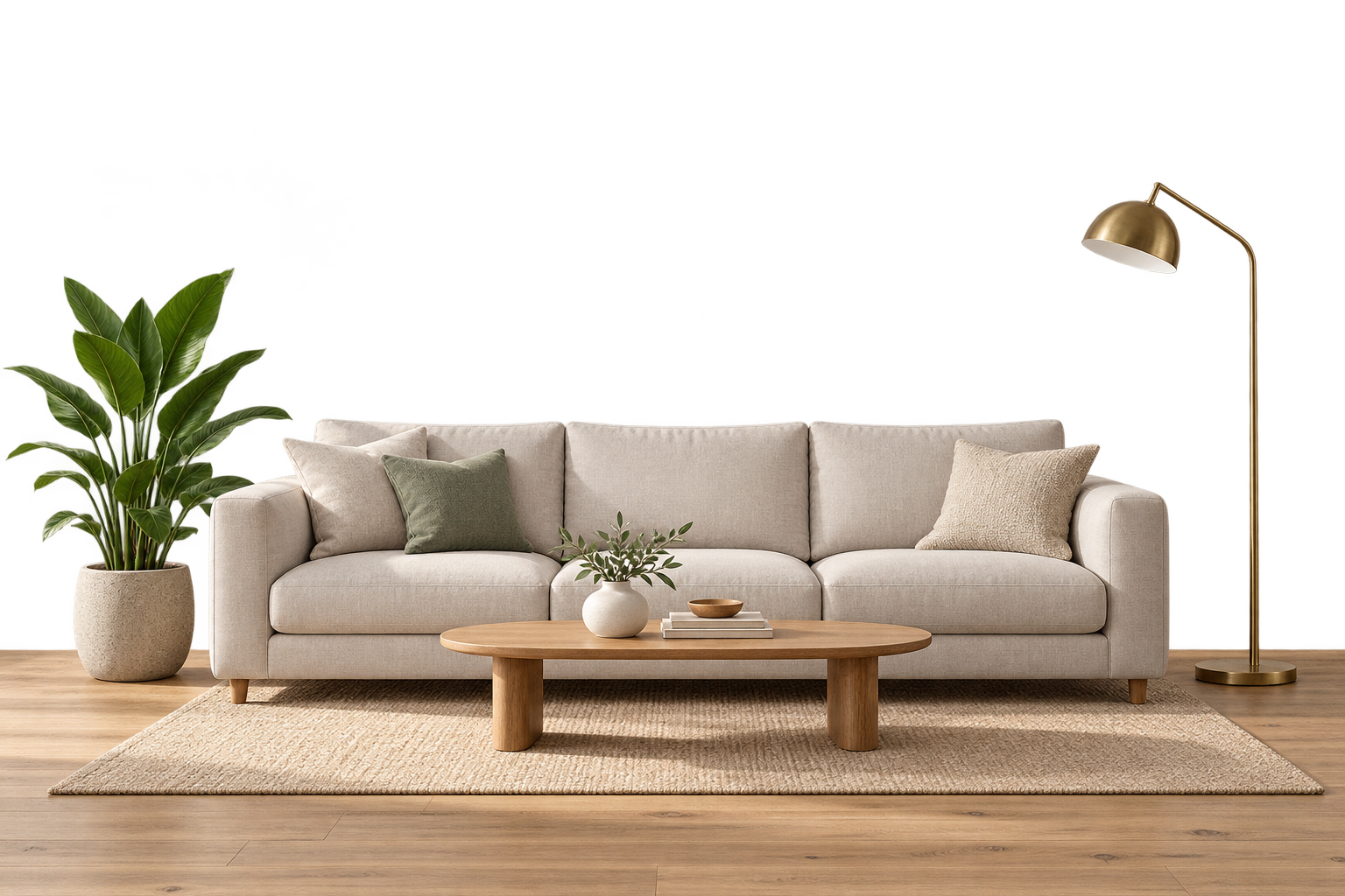 Ilustrasi ruangan dengan sofa netral dan dinding biru
